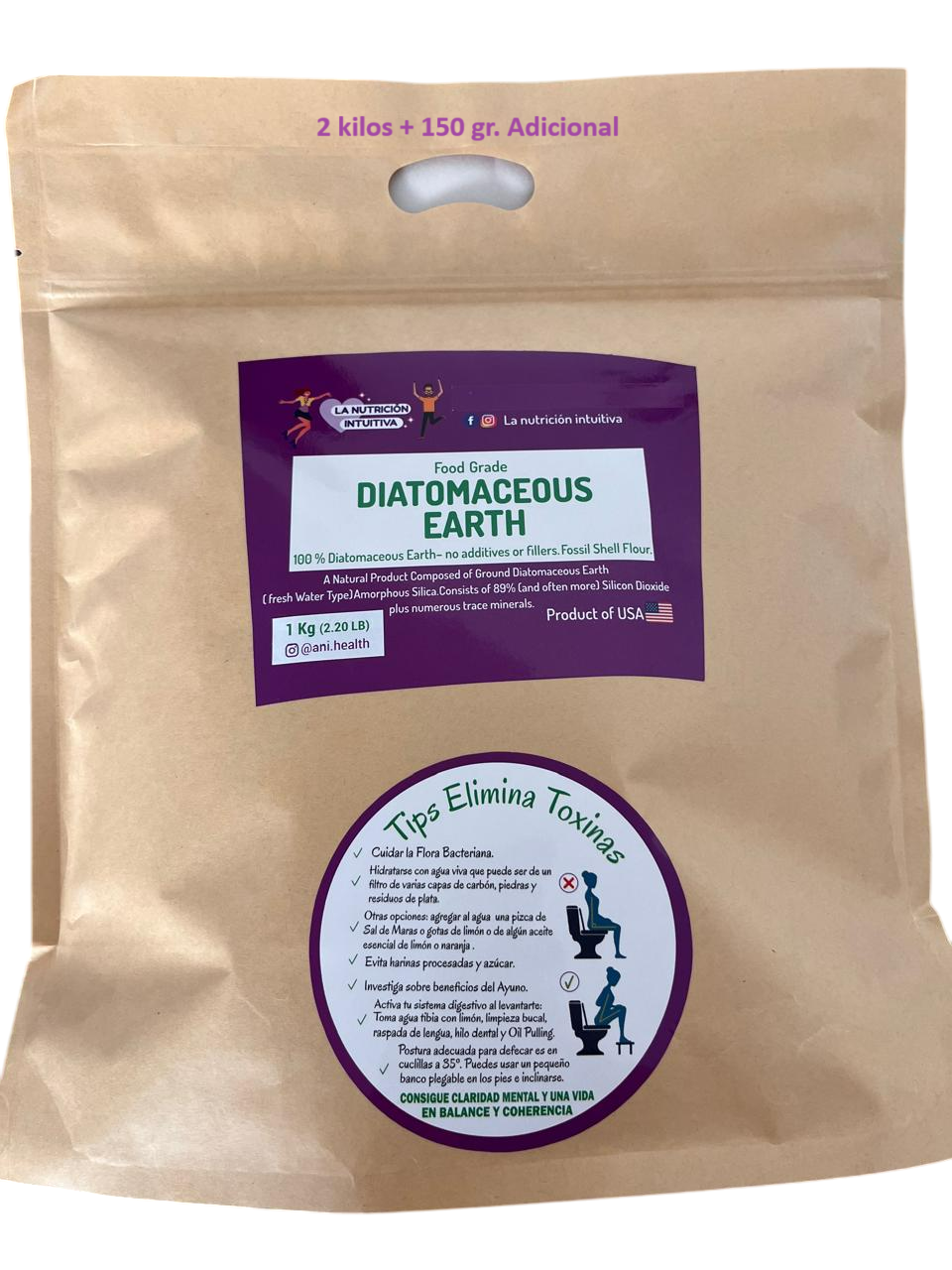 Tierra de Diatomeas Food Grade (Grado Alimenticio). 2. Kilo + 150 gramos. Consumo Humano. Orgánica importada de EEUU