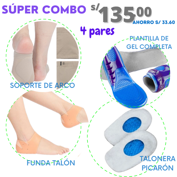 SÚPER COMBO (Soporte de Arco, FundaTalón, TaloneraPicarón y PlantillaCompleta) 1 par c/u